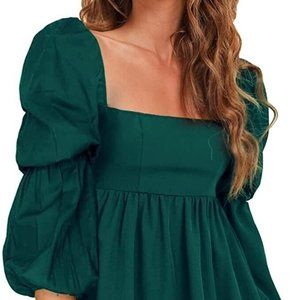 EXLURA Womens Square Neck Dress Long Puff Sleeve A-Line Short Green Small Dress